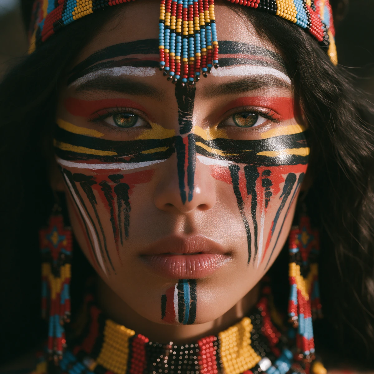 Beautiful young South American Indian Woman wearing full facial ceremonial face paints, beaded jewellery and ceremonial hair. Headshot, eye contact, brown green eyes, fashion photography 8k.
