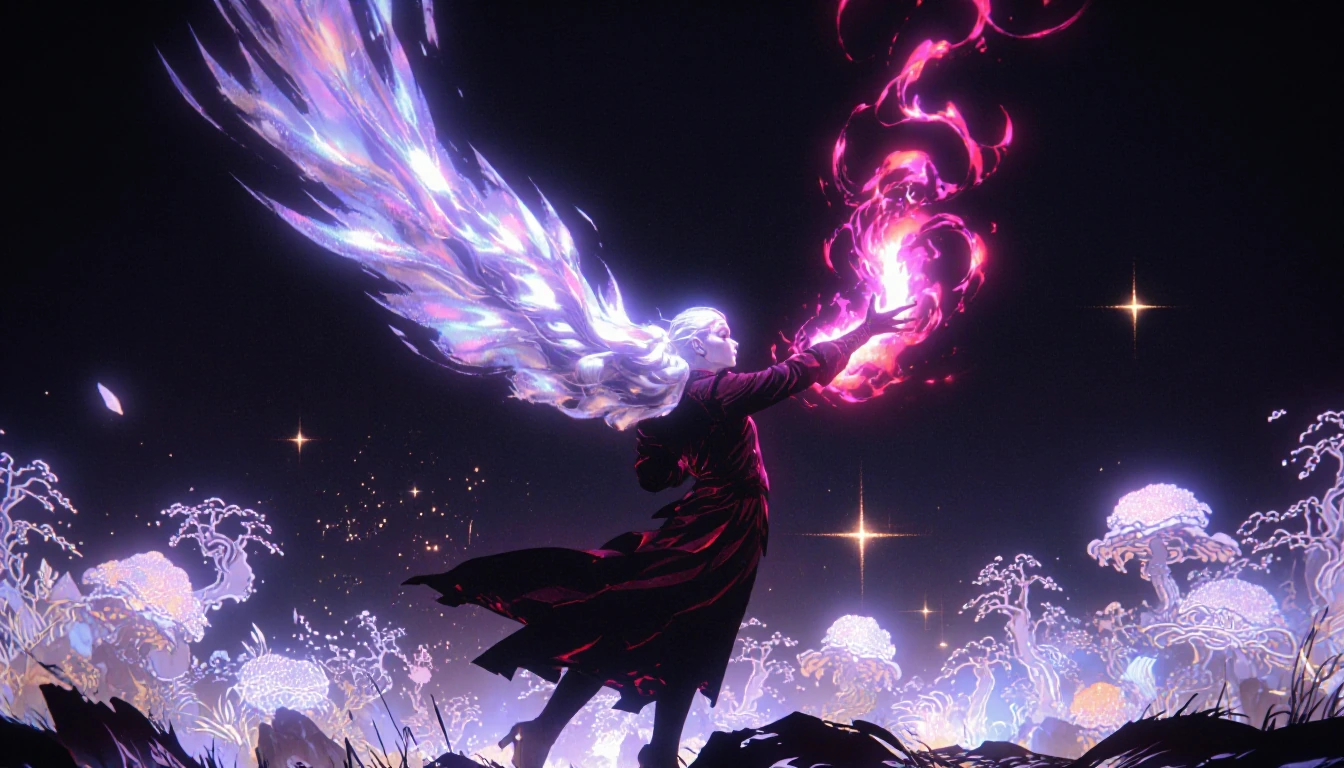 # Ethereal Warrior A figure with flowing silver hair cascades dramatically against a starlit sky, their silhouette poised in mid-action. Dressed in a 