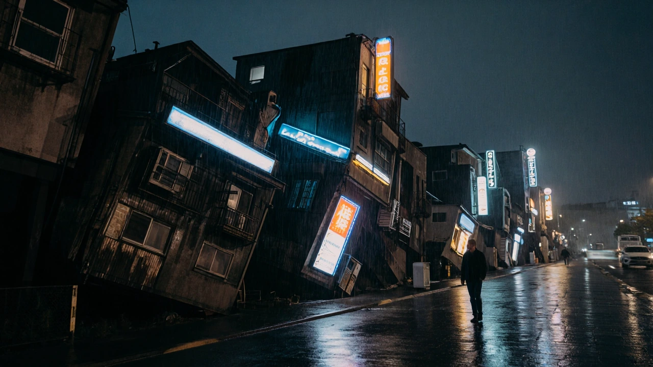a surreal sideways city floating on its side, buildings tilted ninety degrees as if gravity forgot the rules, rain streaking horizontally across neon signs, a lone figure walking along a glowing street that climbs the wall, dark moody atmosphere, wet