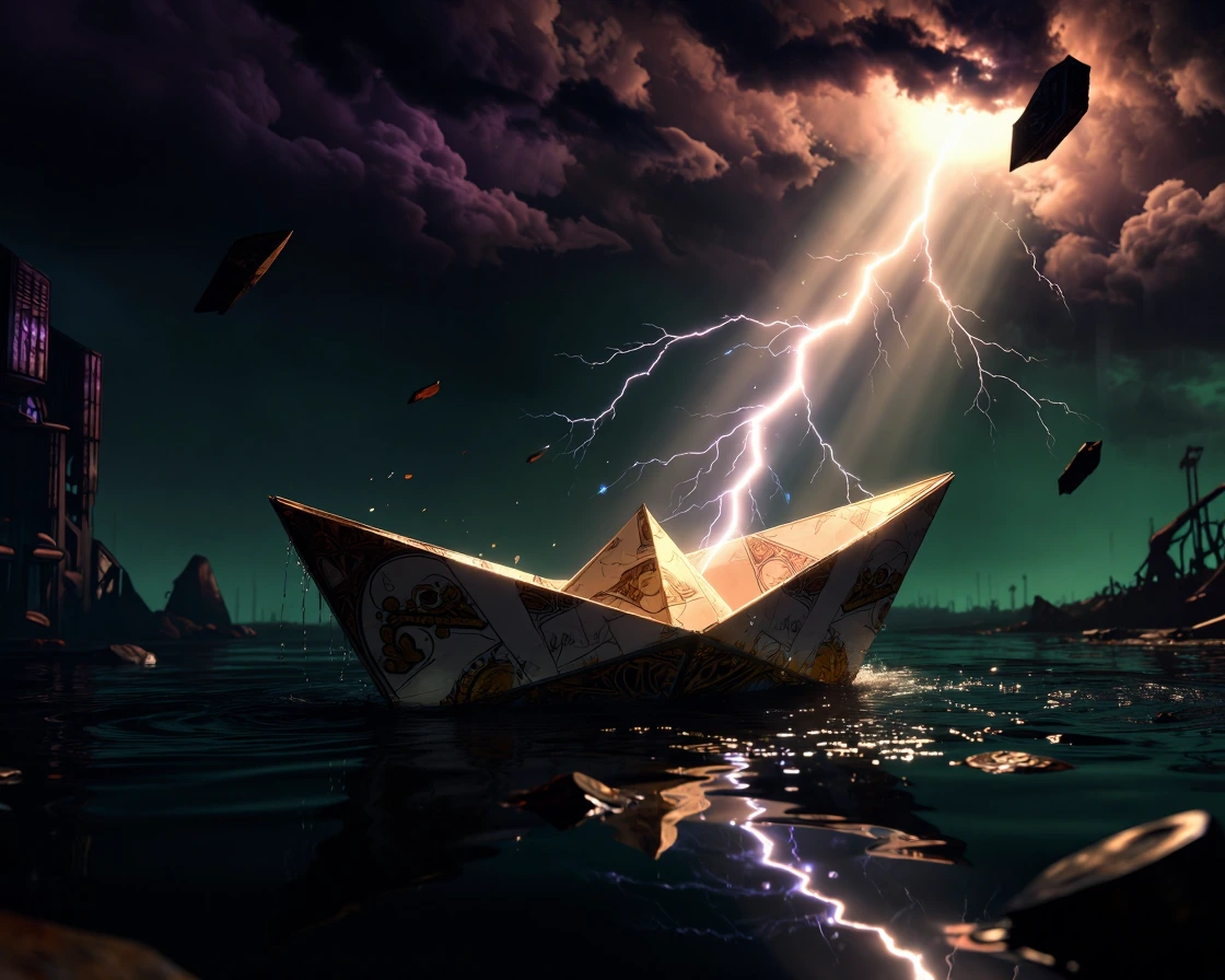Paper boat sinking in toxic runoff beneath a collapsing megastructure, lightning crackling through acid-rain clouds, shot from water level as corroded