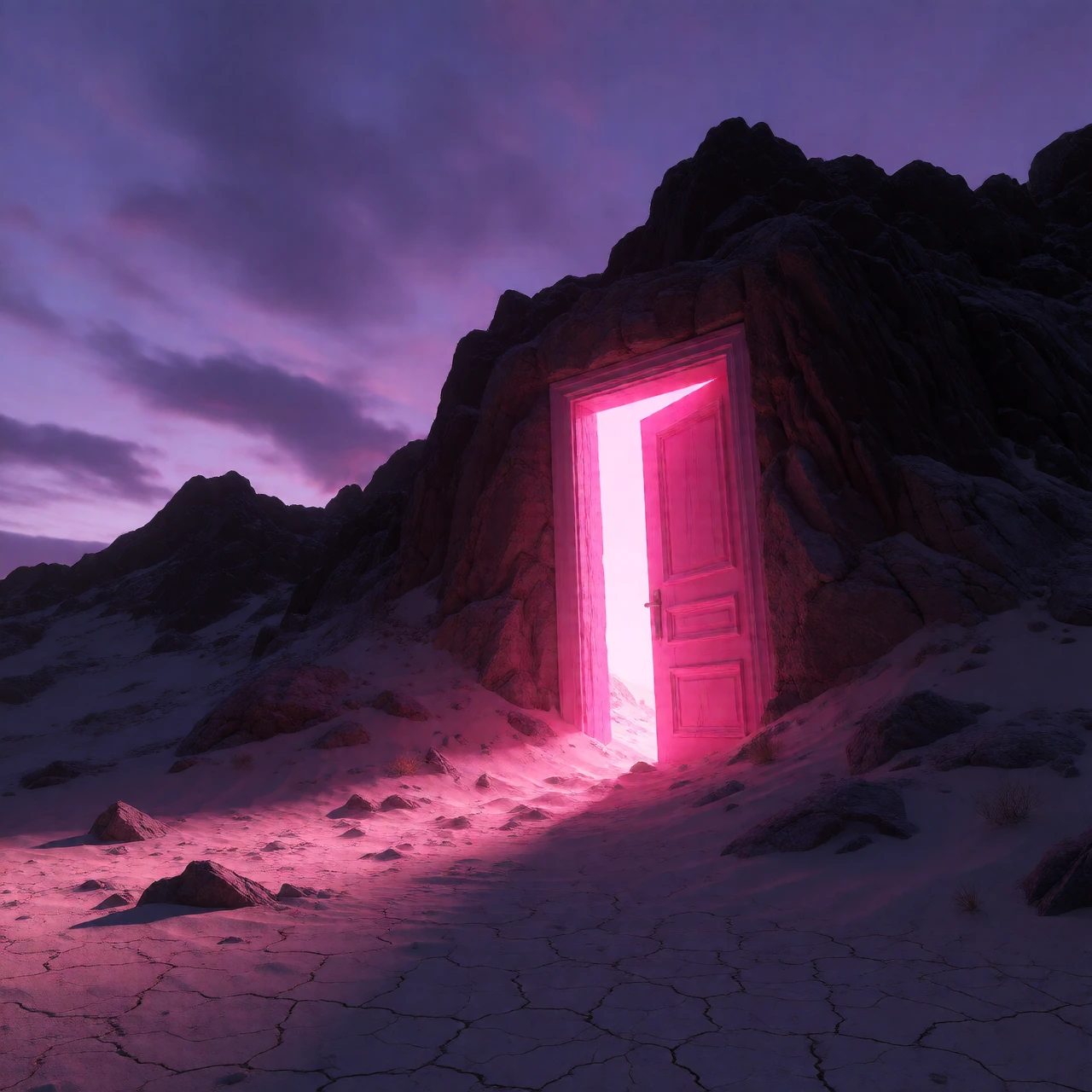 A single massive neon-pink door set flush into bare desert rock, slightly ajar with electric light spilling onto bleached sand, shot from low angle at