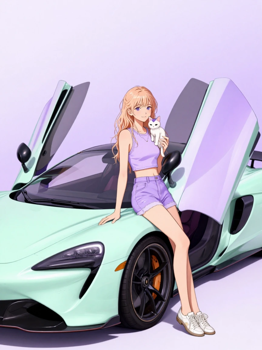 Anime woman and her cat by a McLaren with open doors, lavender and pastel green