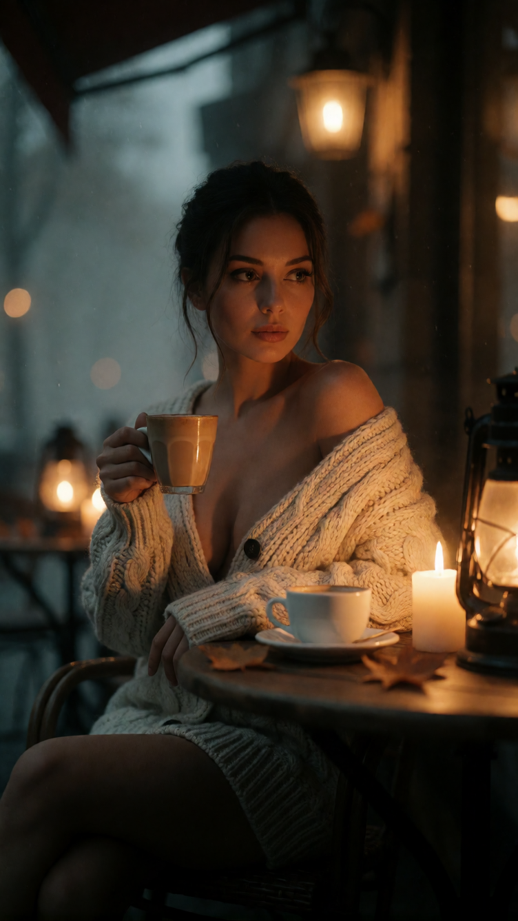 Cozy yet seductive autumn scene of a woman in an outdoor cafe, wearing a chunky cream cable-knit sweater as a dress, deeply unbuttoned to reveal a plunging neckline and bare legs. She holds a latte, biting her lip with a smoldering look. Warm candlel