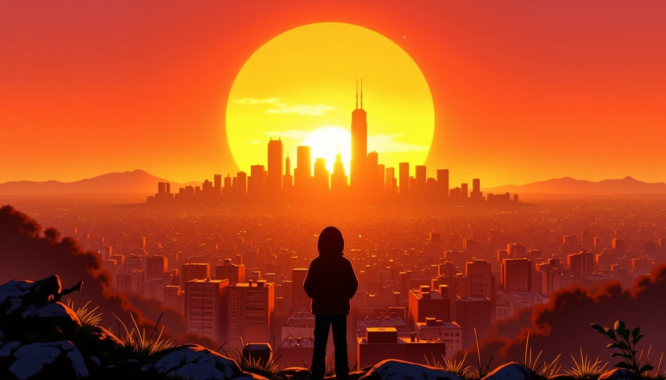 Looking at a large city in the distance underneath a blazing golden sunset