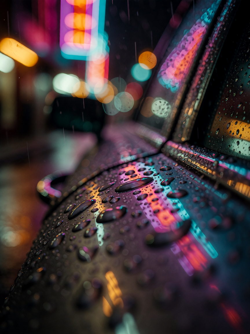 "Extreme close-up of rain drops on chrome surface with colorful neon bokeh in background, magenta, cyan, and amber lights reflecting and refracting th