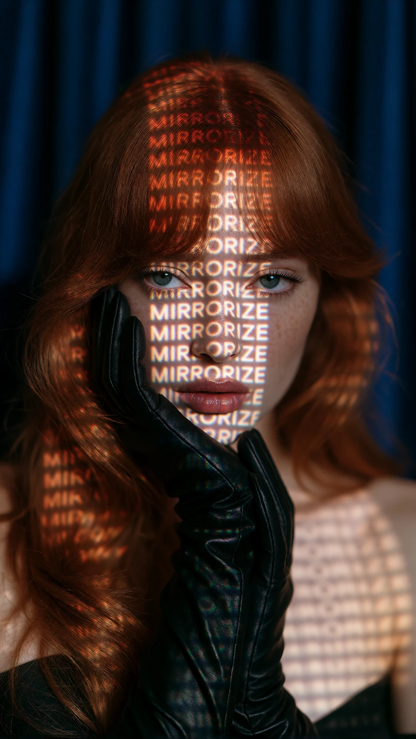 photorealistic portrait of a real woman with long auburn red hair and straight bangs, downcast pensive eyes, melancholic expression, hand in black lea