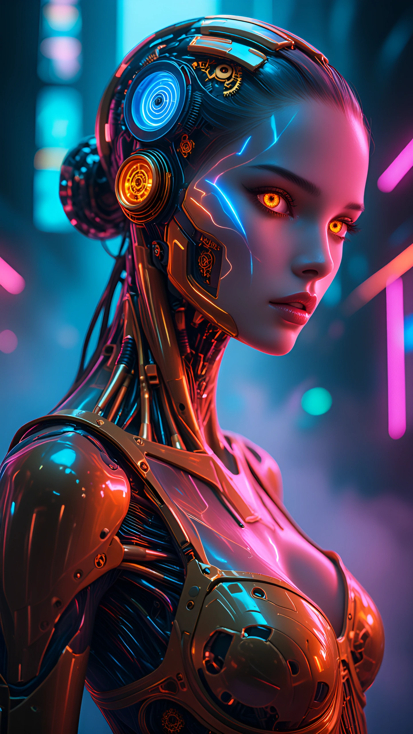 A hyper‑real female humanoid hybrid stands in a neon‑soaked alley at night, her body a seamless fusion of living machinery and warm fantasy brass. Ultra‑detailed textures: flexible mechanical skin with pores, brass musculature that moves like real mu