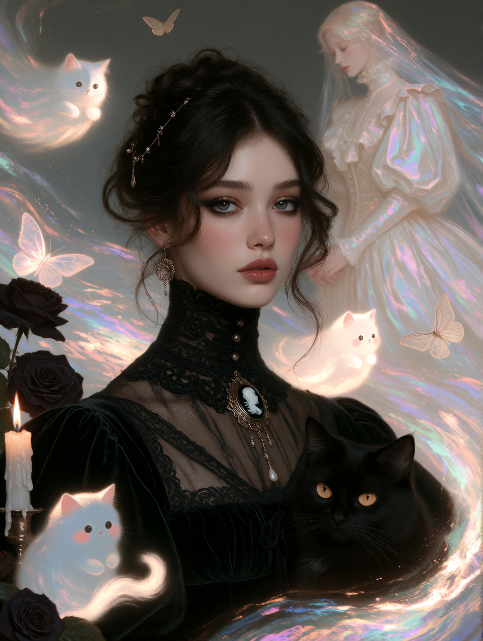 Dreamlike gothic portrait, close-up of a beautiful pale woman with dark wine lips, soft smudged eyeliner, loose black hair threaded with tiny silver charms, wearing a high-necked black lace collar with a cameo brooch and a sheer layered velvet bodice