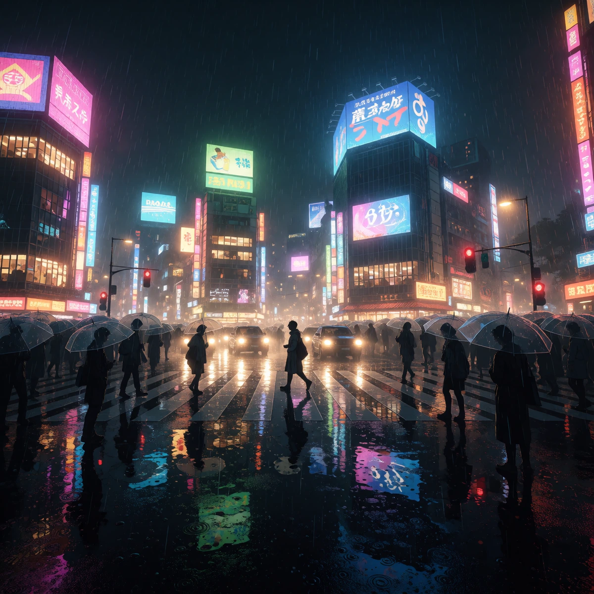 masterpiece, best quality, pixel art, (photorealistic lighting:1.4), 2.5d, HD2d, octopath traveler, (shibuya crossing at night:1.4), rain, heavy rain, wet ground, (puddle reflections:1.3), neon signs, glowing billboards, cyberpunk vibes, (wide angle:
