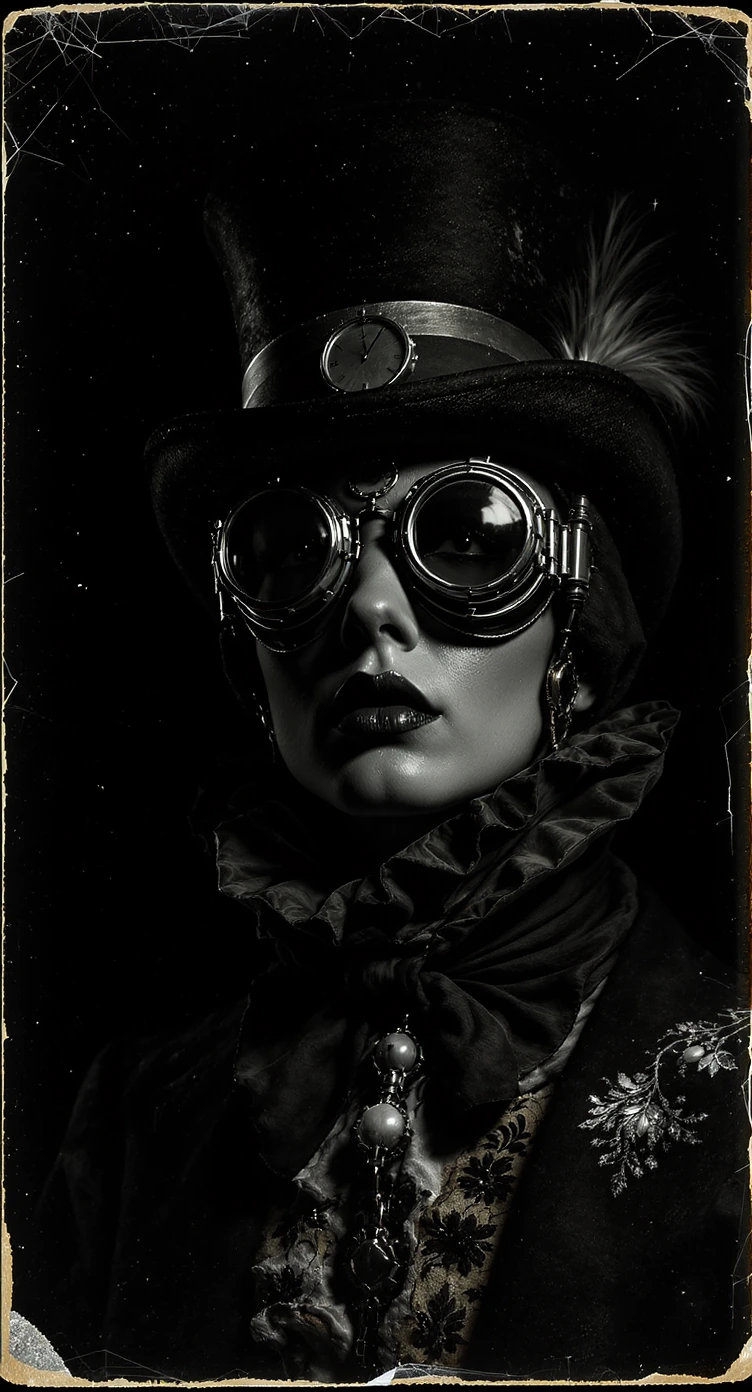 A striking black-and-white portrait captures a figure in elaborate Victorian steampunk attire. Circular goggles with dark lenses dominate the face, re