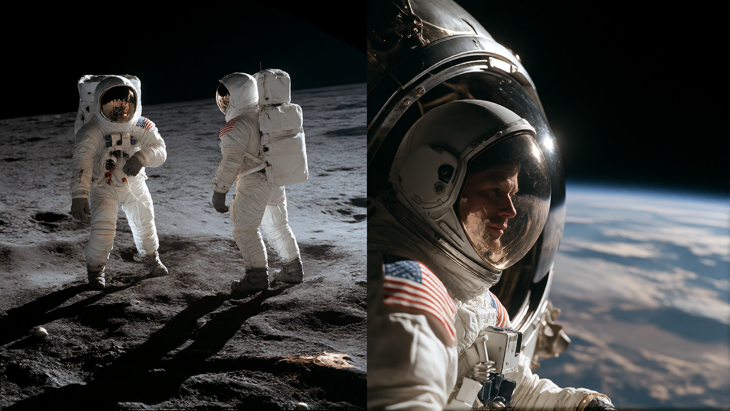 Split-screen diptych: left panel shows Neil Armstrong and Buzz Aldrin on the lunar surface in stark grayscale, their suits rendered with photographic precision, long shadows cast by the low sun, footprints crisp in regolith, the horizon absolutely bl
