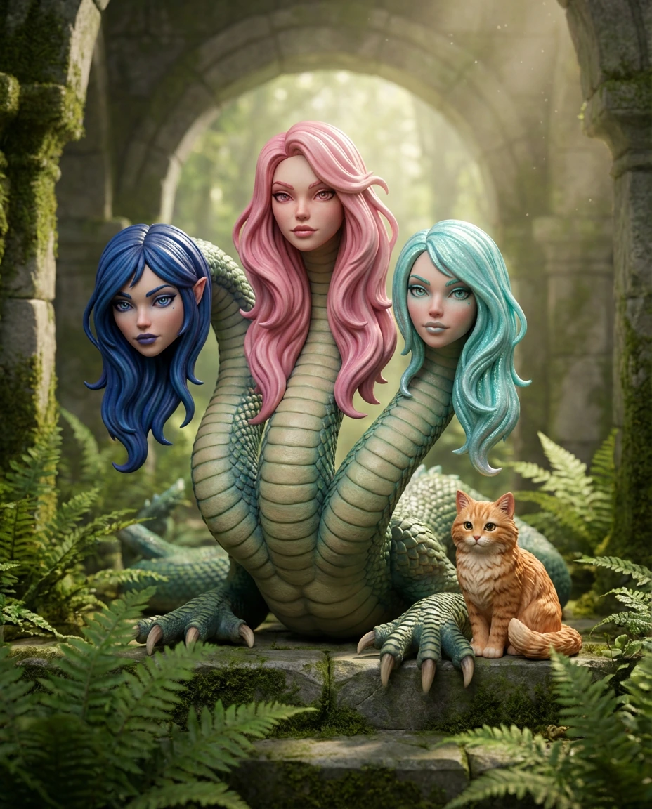 Beautiful Hydra with three beautiful women heads, all different colored hair, one blue hair, one pink hair, one aqua hair, with a cat