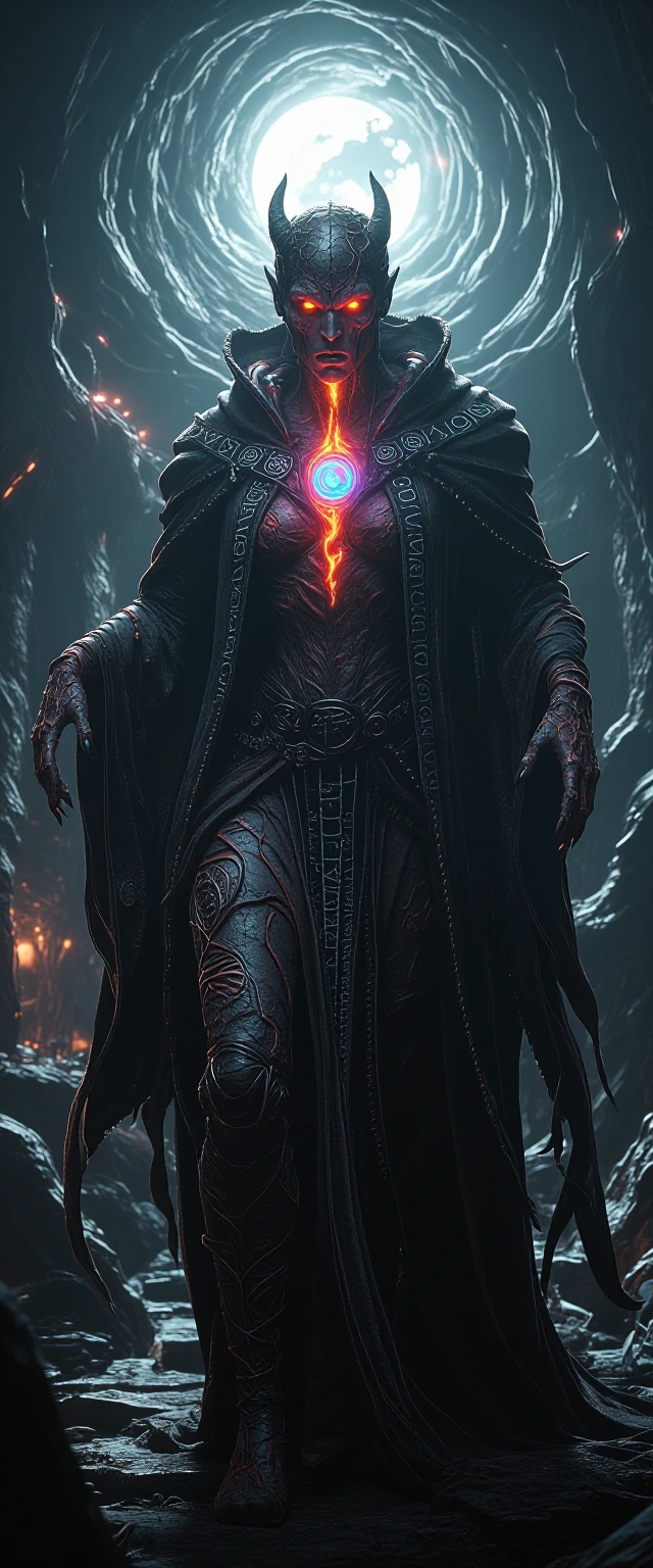 A hyperrealistic, gothic portrait of a towering, malevolent Wizard Sorcerer, bathed in dramatic, shadowy light. His skin is cracked and scarred like ancient parchment, with veins of glowing, ethereal energy pulsing beneath the surface. His eyes, burn