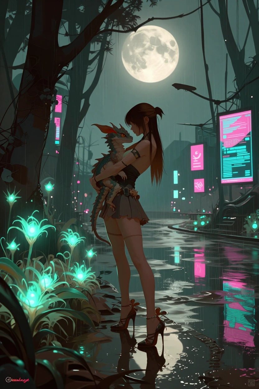 A solitary brunette with pig tail braids in high heels ,holding a baby dragon,bathed in ethereal moonlight, stands at the edge of a bioluminescent forest. Strange, glowing flora pulses with an inner light, casting long, dancing shadows. The air crack