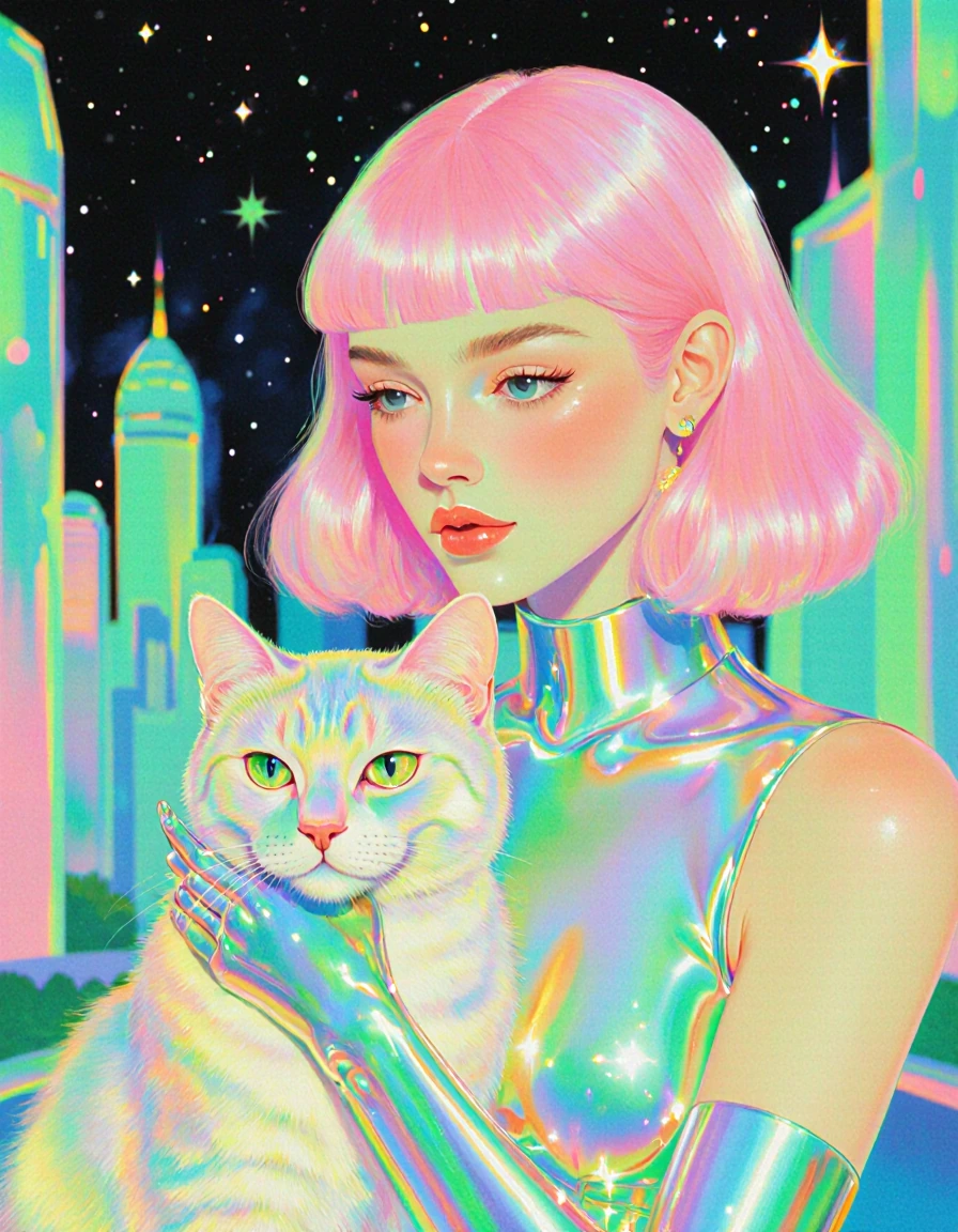 beautiful woman pink hair with an iridescent luminous cat in a futuristic city.