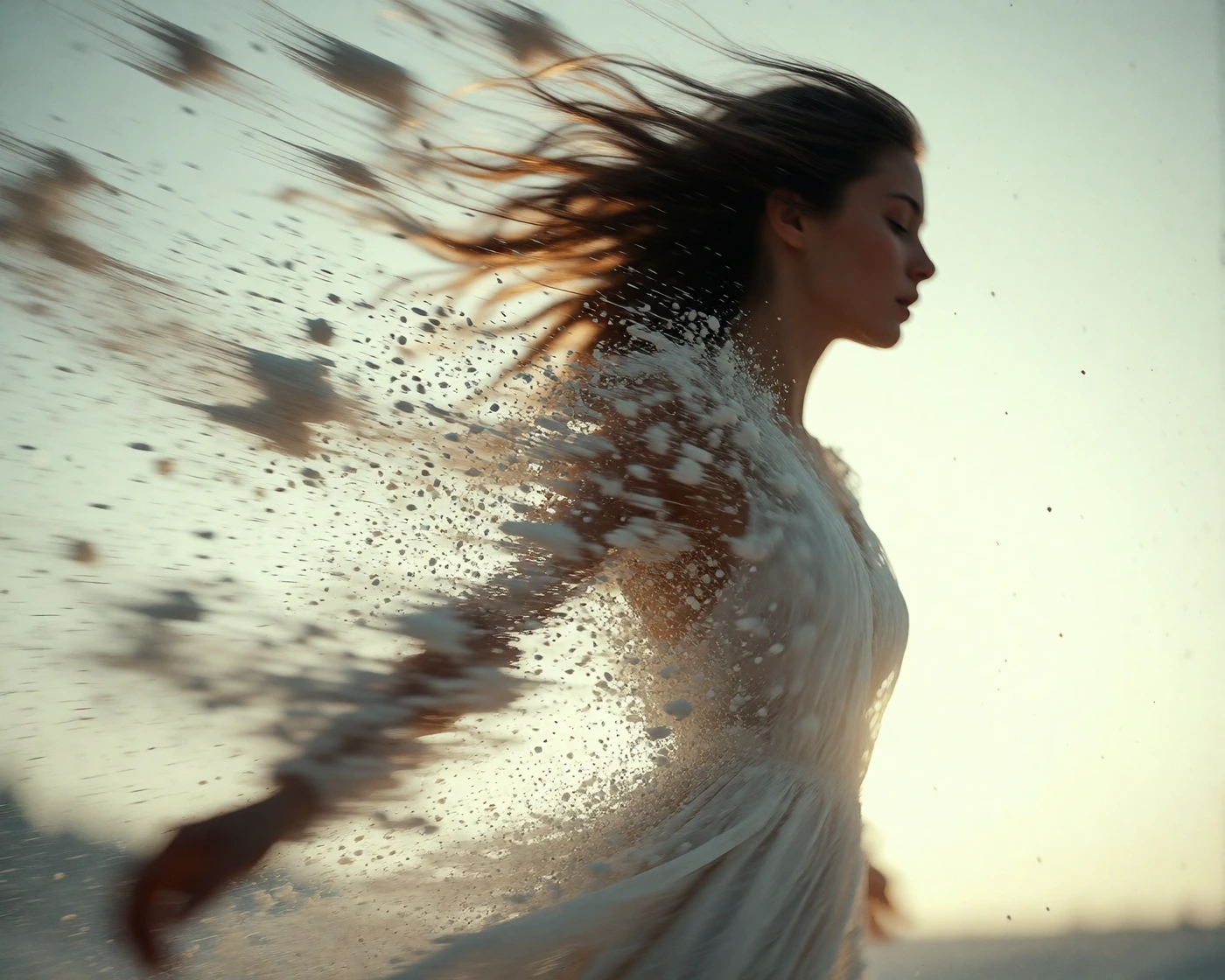 Woman's figure dissolving mid-motion into wind-swept particles, shot with slow shutter speed to capture the blur of dispersal—her silhouette fragmenti
