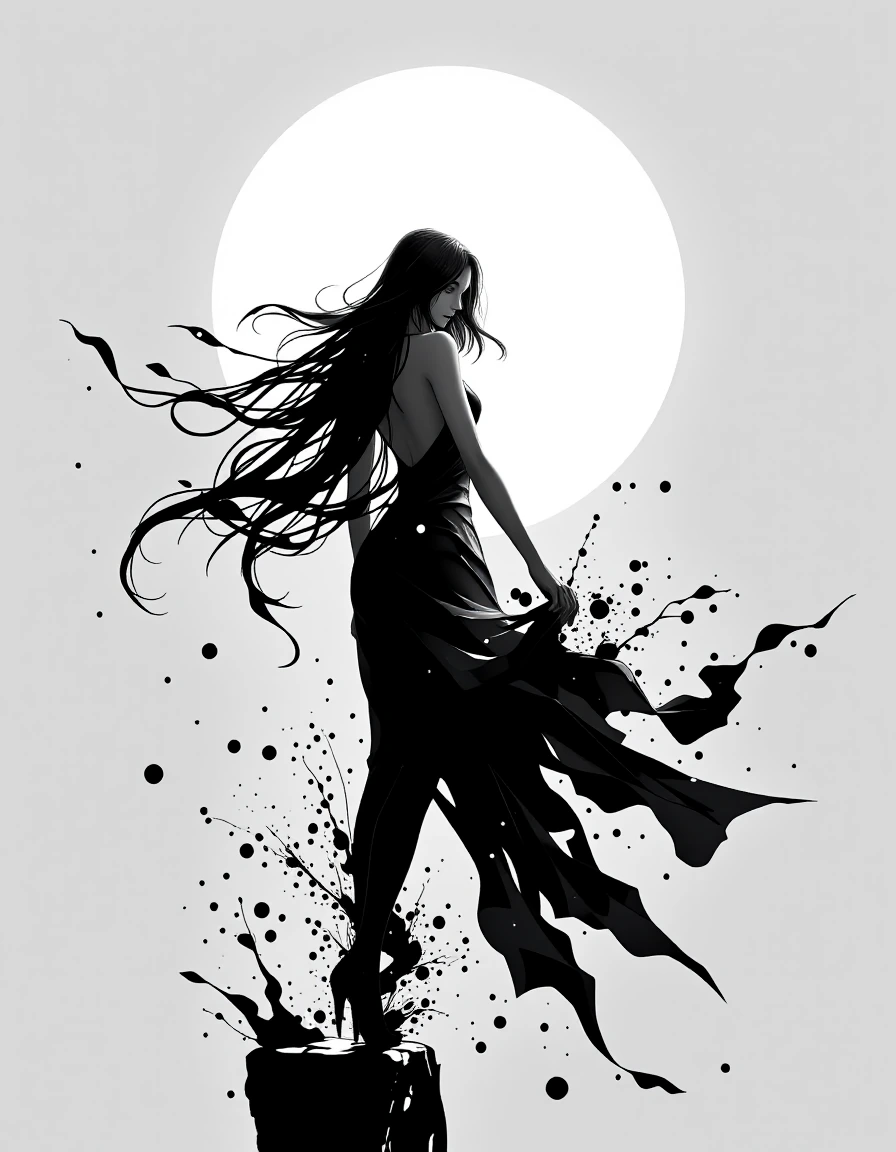 A dynamic illustration featuring a female figure depicted in an elegant, artistic style. The subject stands with her back turned, showcasing flowing long hair and a confident posture. She is set against a minimalist background, emphasizing a soft whi