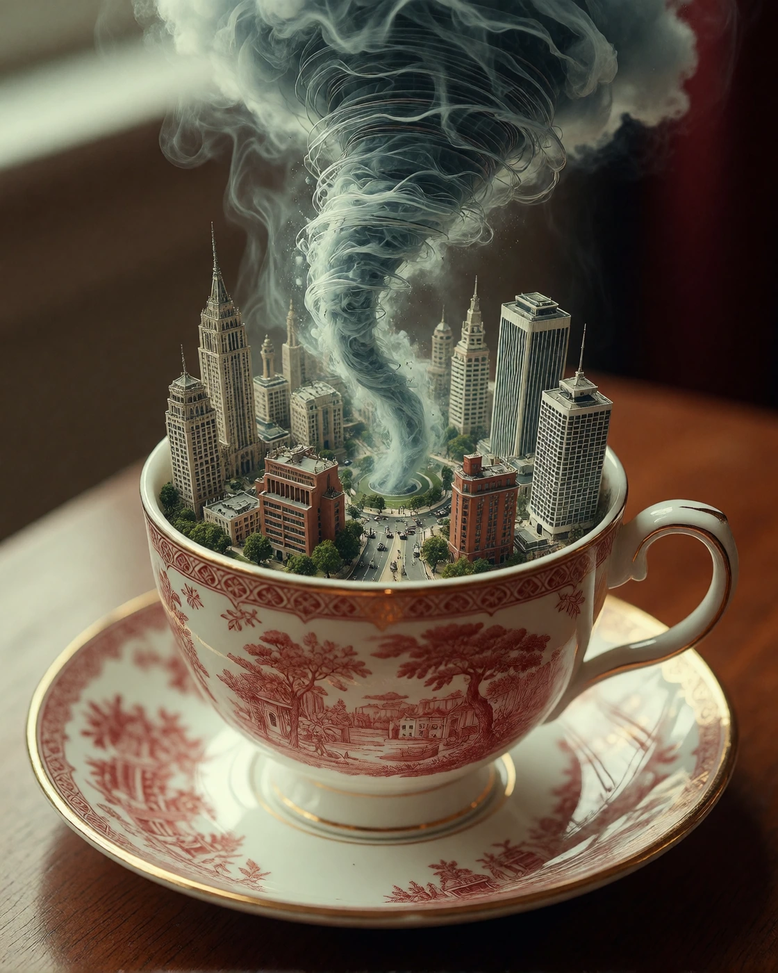 a typical British teacup with a little tiny city in it, a tornado of tea swirling through the city