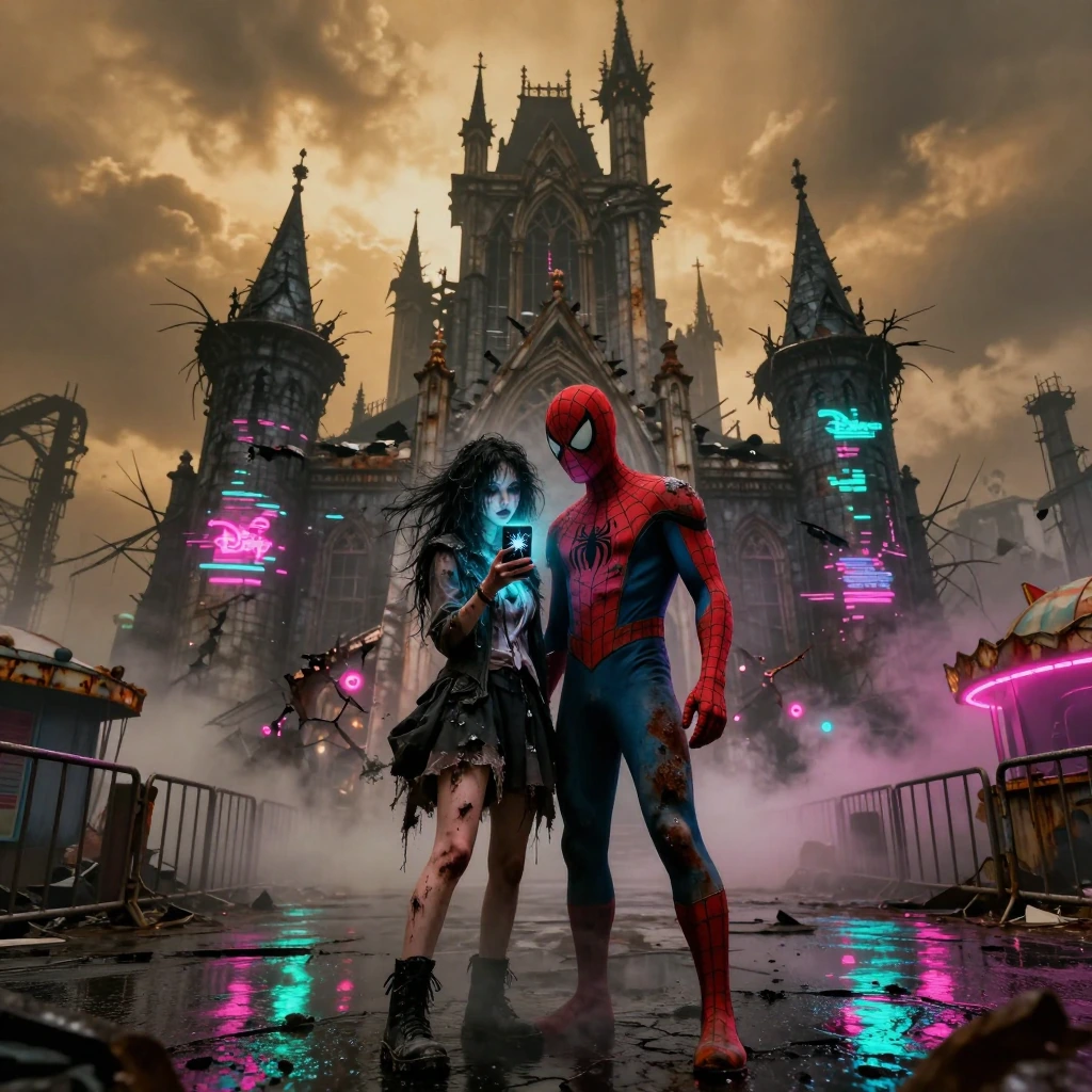 towering gothic castle with crumbling black stone spires piercing toxic amber sky, skeletal architecture twisted into nightmarish silhouettes, rust-streaked steel reinforcements jutting from decayed concrete foundations, flickering holographic Disney