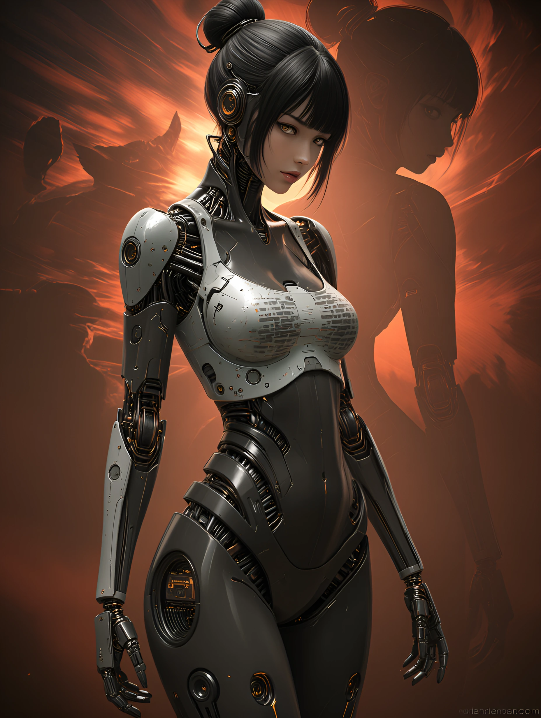 Japanese schoolgirl cyborg hybrid, airbrushed, beautiful pose, with a cat, bronze and mauve overlay