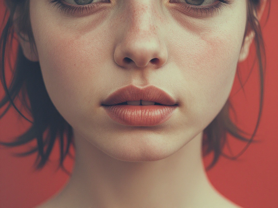 1girl, closed mouth, face, lips, looking at viewer, nose, portrait, realistic, red background, short hair, simple background, solo