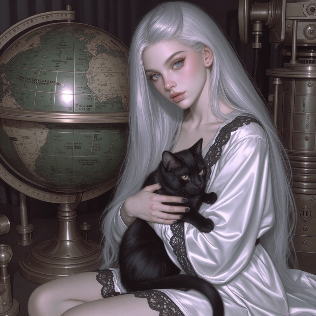 An ethereal woman with silver eyes and silvery platinum locks wearing flowing satin robes with delicate black lace trim, seated beside an ornate steampunk mechanical globe, cradling a black cat, bathed in cool pastel lighting with subtle sepiatoned i