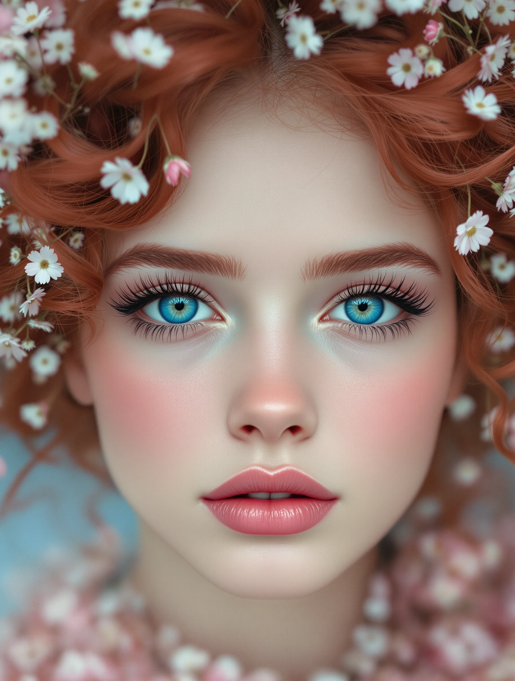 Strawberry hair piled up beneath a cascade of fresh flowers enhanced a complexion of snow and country roses, while the girl’s small pert nose was placed most prettily above her full, rather pouting lips. Even from that distance, the flirtatious play