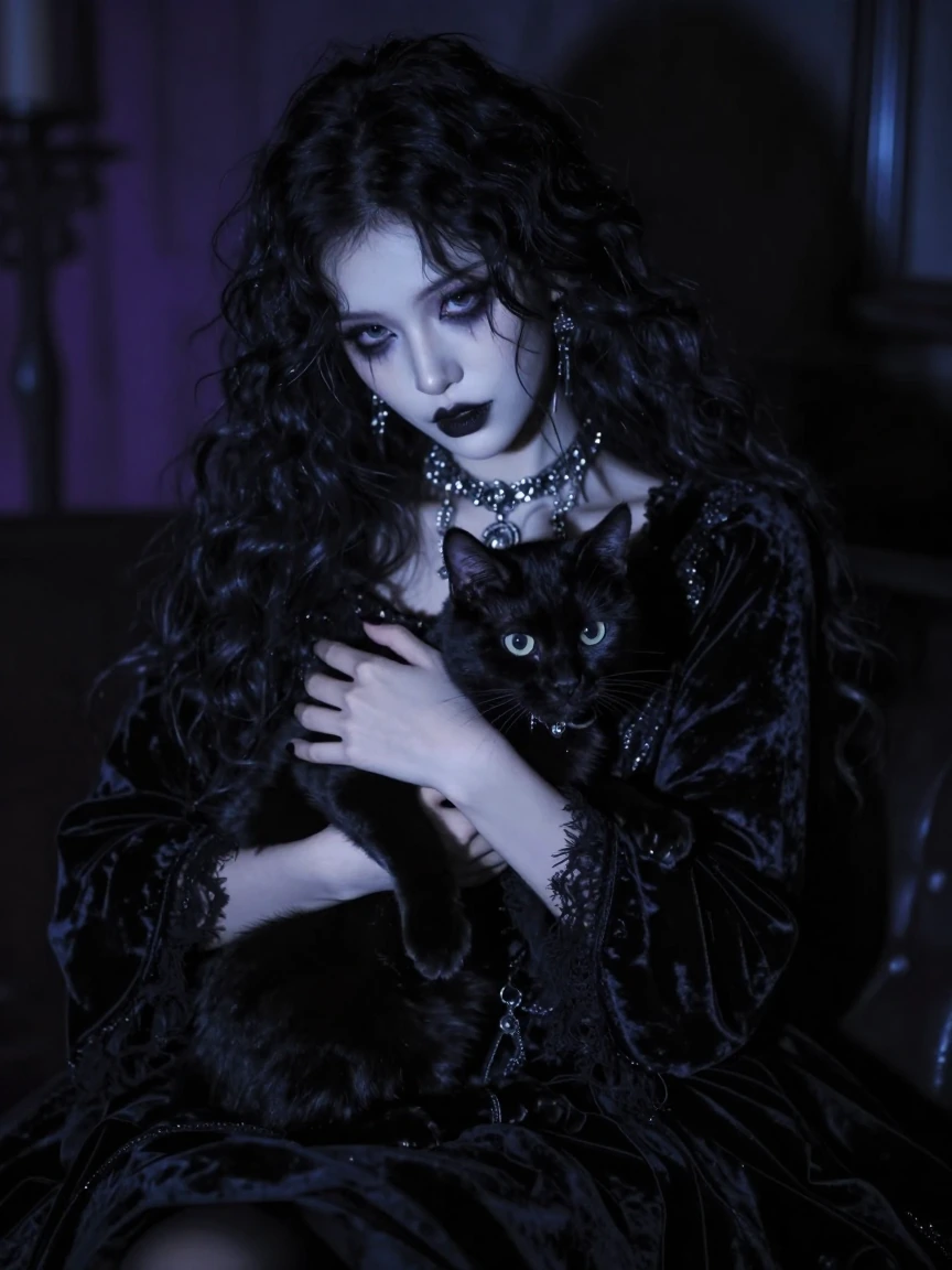 goth girl with her black cat, moody atmospheric lighting, dark velvet aesthetic, pale skin with dramatic makeup, silver jewelry, sitting together in shadows, intimate moment, cinematic depth, cool tones with hints of purple and deep blue, gothic roma