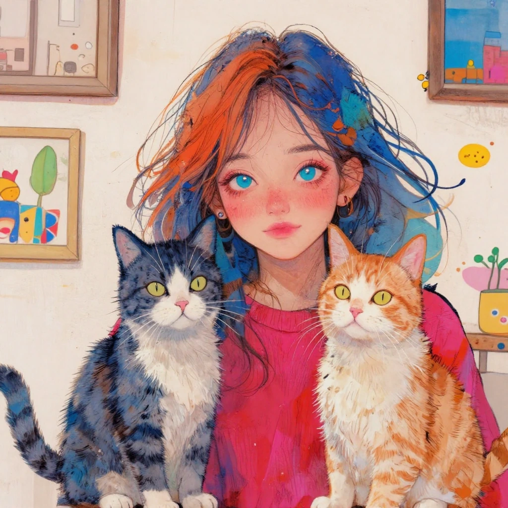 vivid color girl with two cats