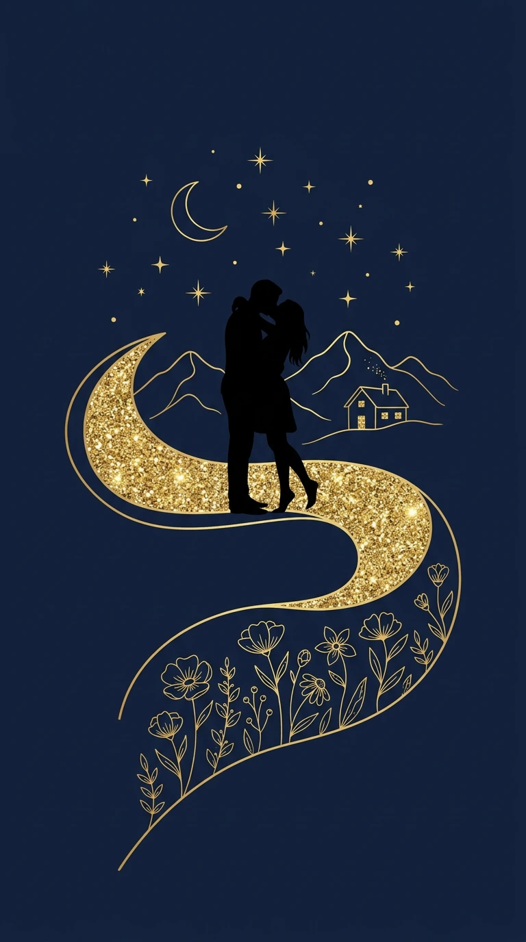 A minimalist artistic illustration set against a deep navy blue background. The central focus is a black silhouette of a couple embracing and kissing,