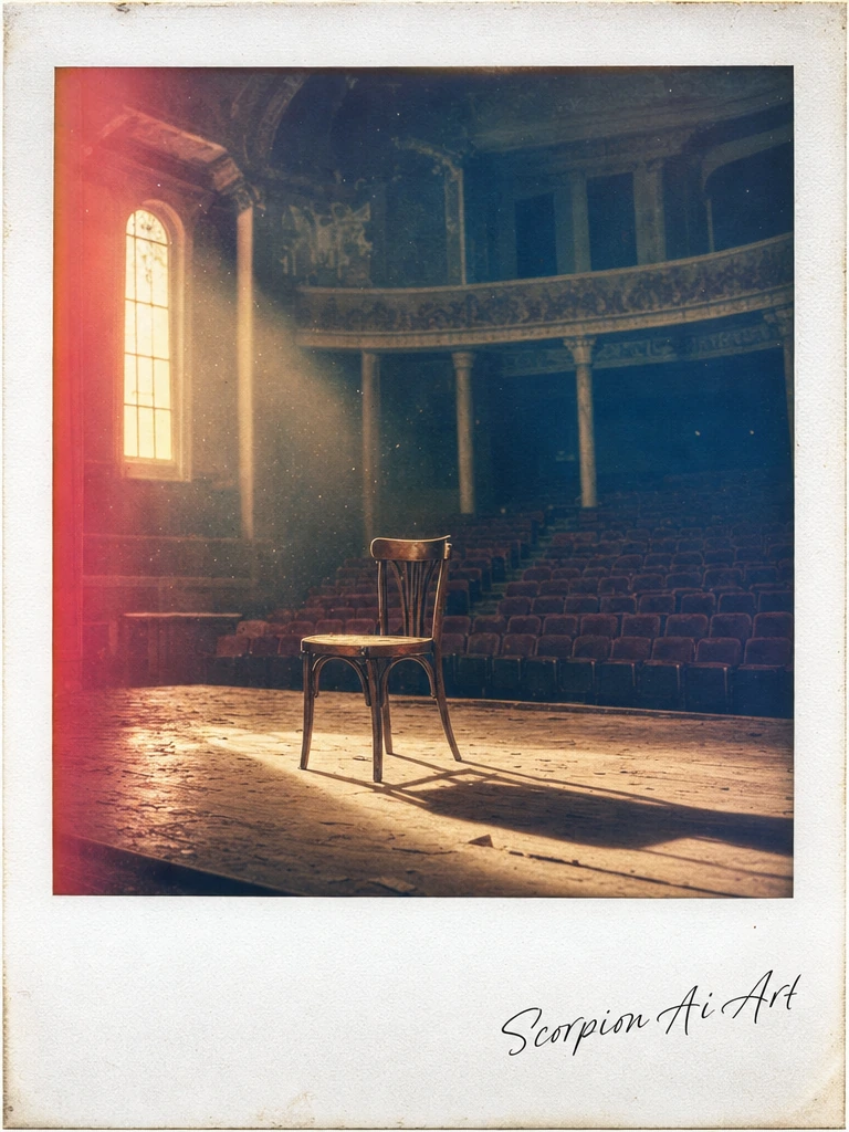 Polaroid-style photograph of an empty concert hall at dusk, dust motes suspended in amber-gold light from a single window, a single wooden chair cente