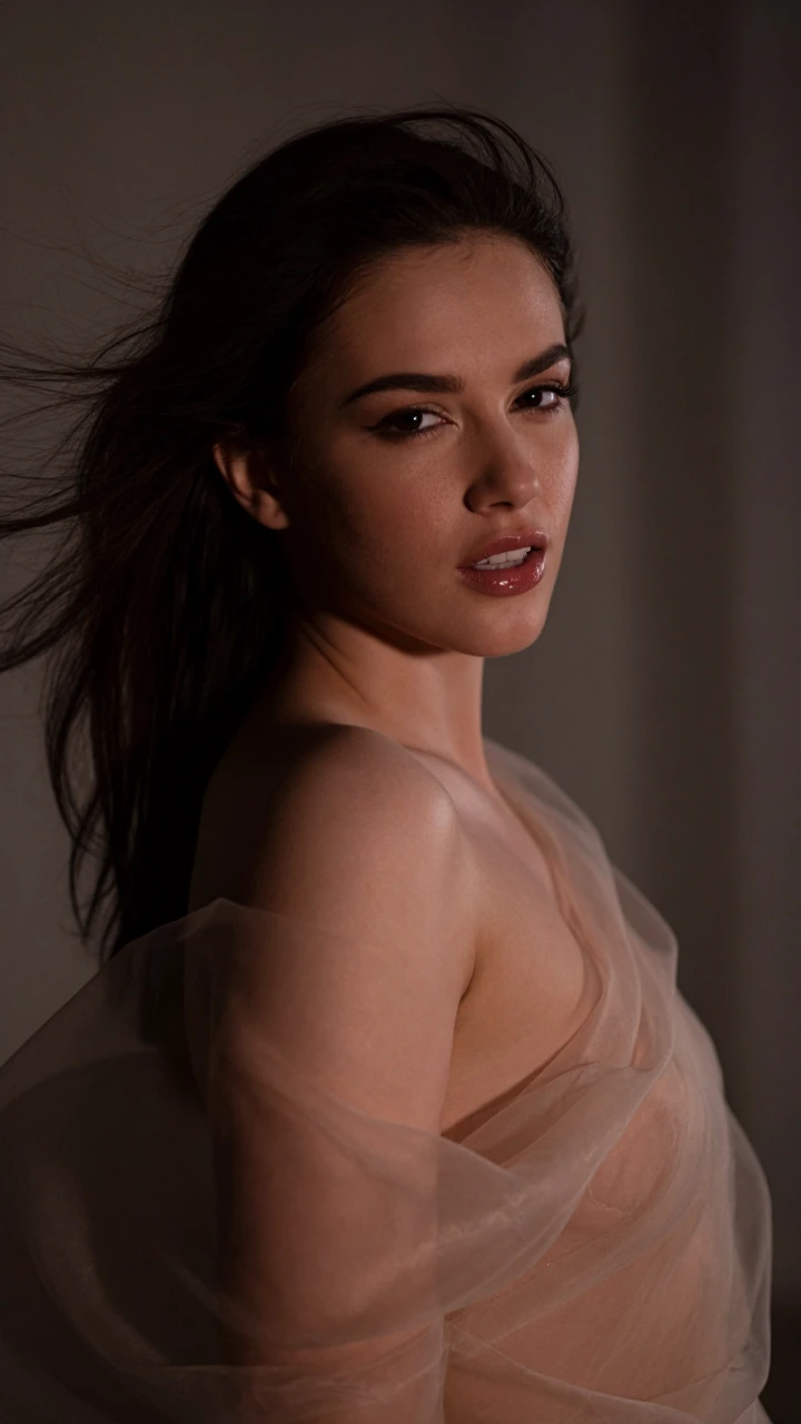 A woman in a regal pose locking eyes with the viewer, one eyebrow raised mid-wink, caught in a moment of intimate complicity. Sculpted by side-lit studio lighting that rakes across her face, revealing every texture of skin—pores, subtle flush, the gl