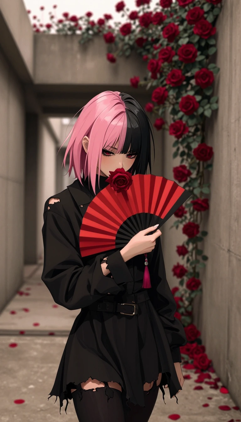 # Gothic Romance in Concrete A figure with striking split-dyed hair—pink and black—stands in a stark concrete corridor. She wears distressed black clothing and holds a vibrant red fan adorned with black trim, partially obscuring her face as she gazes