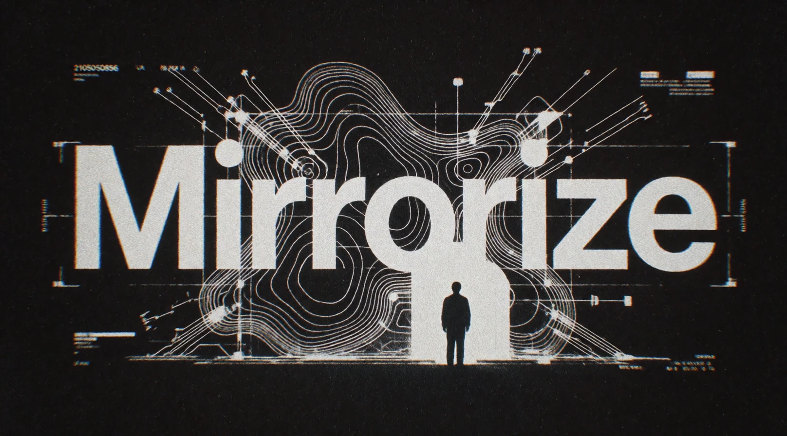 16:9 high-grade illustration, Mirrorize V4 pushed into raw avant-garde animation-cel territory mixed with technical blueprint and data-visualization graphic design energy, hand-drawn imperfect black ink lines, massive dense detail, feels like a high-