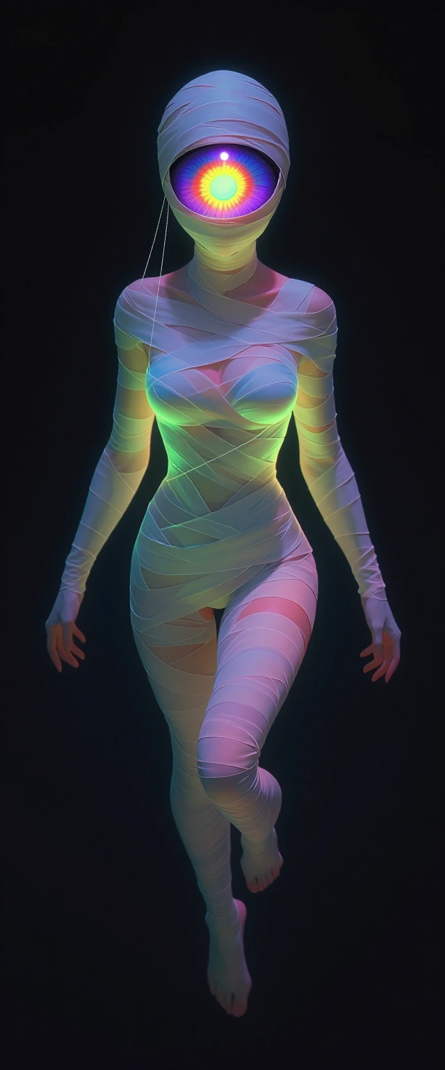 "A semi-translucent, ethereal figure in a dark, surreal, dreamlike void. Details: - The figure has a hauntingly beautiful face wrapped in faint bandages that pulsate and glow. - Incorporate luminous, shimmering threads that symbolize both constraint