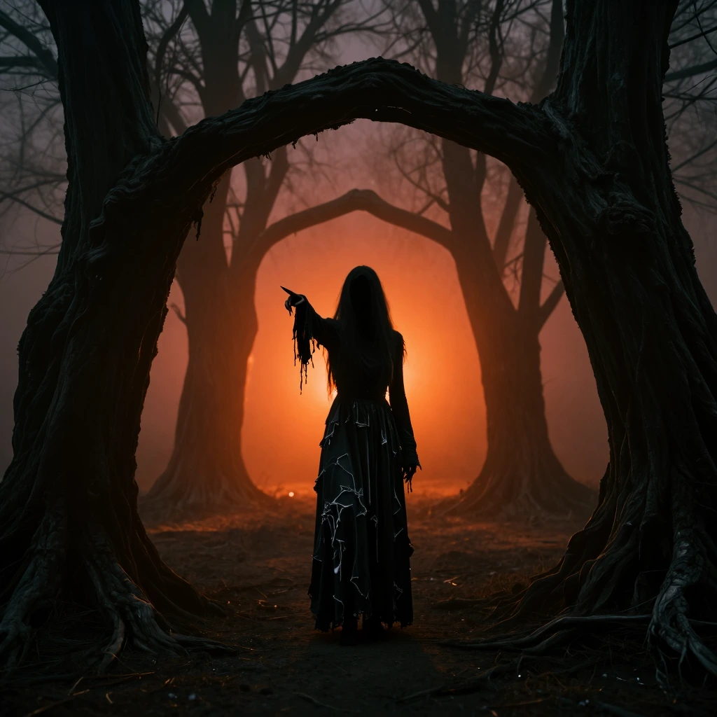 A full-length photograph of a frightening, ghostly, faceless figure clad in a dress torn to shreds. The figure is framed in the centre of the arch formed by the two gnarled, dark and textured dead trees. Her only visible finger—sharp and pointed—emer