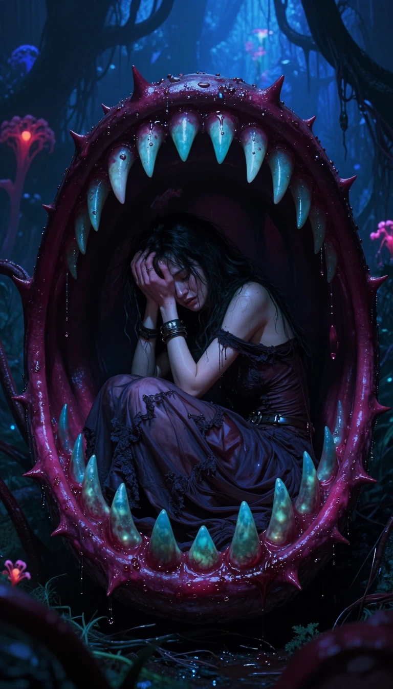 Photorealistic cinematic representation of a young woman in extreme psychological distress, sitting inside a colossal carnivorous plant, dark magenta in colour, resembling a fly trap, in a surreal nocturnal jungle with deep hues. The woman has dark, 