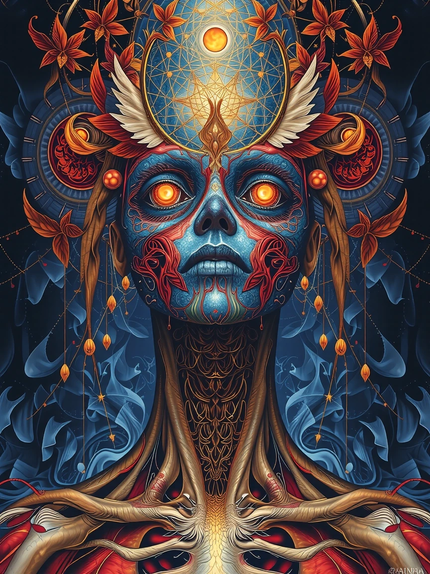 Aenima, visionary art and dark surrealism to explore human consciousness, anatomy, and the subconscious. Alex Grey style, highly detailed, extreme quality