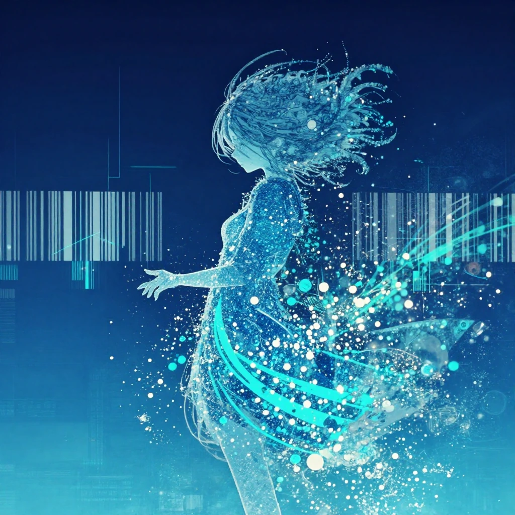 masterpiece, best quality,very aesthetic, disheveled hair, perfect composition, intricate details, cinematic photo, 35mm photograph, film, bokeh, professional, highly detailed, Side profile view of a stylized anime girl rendered as a blue dotted silh