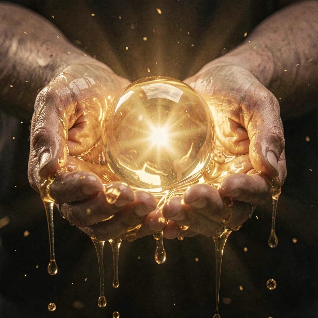 Close-up of weathered human hands gently cupped together in infinite void darkness, cradling a radiant glowing orb of pure light, liquid gold illumination cascading and flowing across the fingers and palms like molten metal, dramatic chiaroscuro ligh