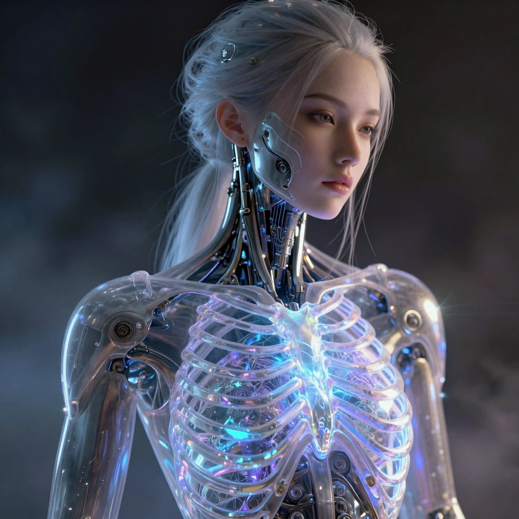A solitary figure with porcelain skin and striking cybernetic enhancements, translucent glowing rib cage made of luminescent crystalline titanium and fiber optics, pulsing with neon blue and violet light, intricate mechanical components visible benea