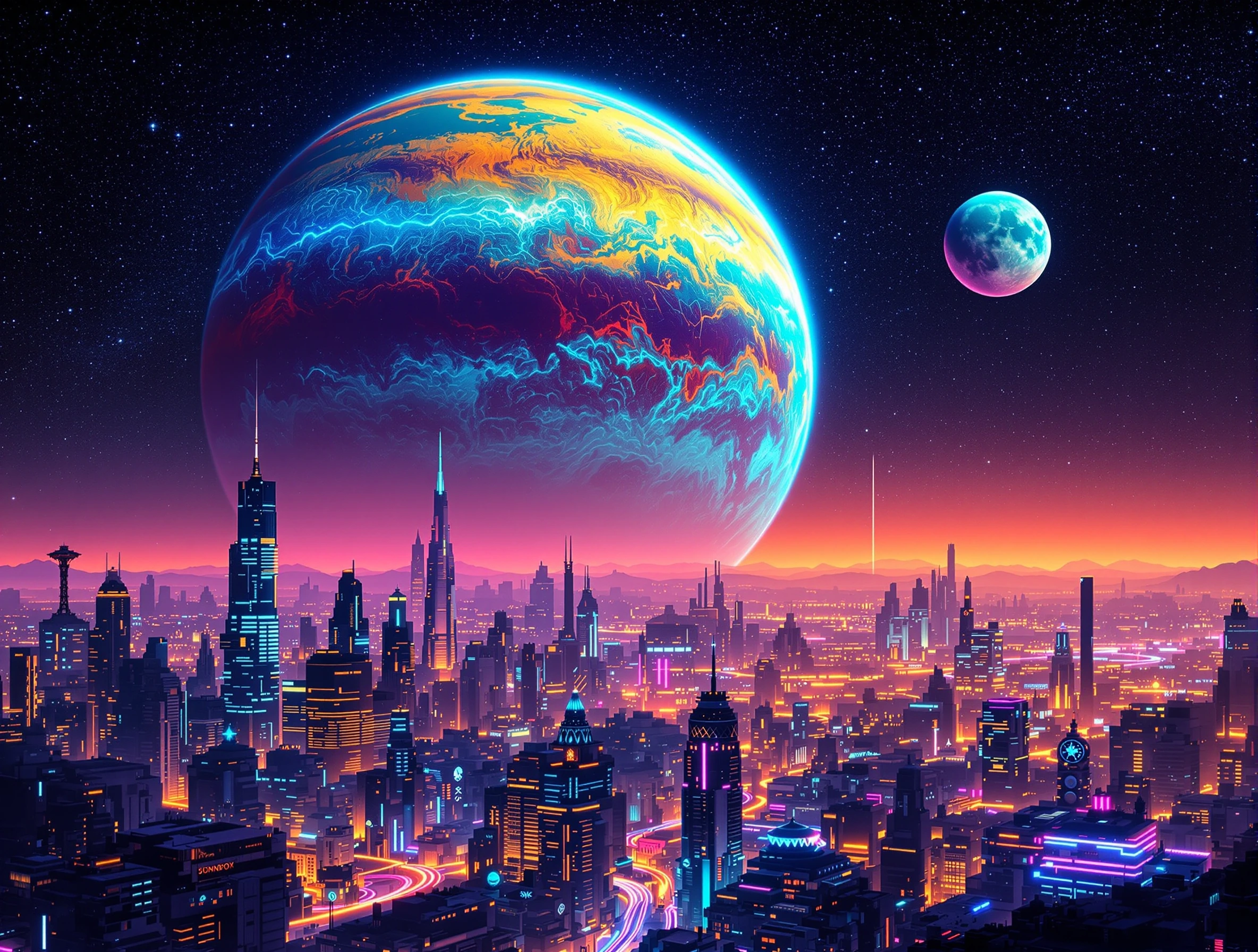 A sprawling cyberpunk city glows brilliantly beneath twin colossal planets suspended in the starlit void. The foreground metropolis blazes with neonโelectric blues, oranges, and greens illuminating towering skyscrapers and interconnected structures.