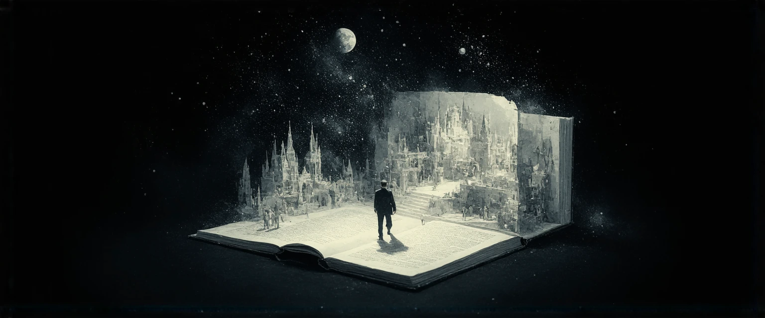 Isometric keyframe in a Laika stop-motion style mixed with grainy 1940s/1950s black and white film aesthetic. A surreal paper pop-out museum built ins