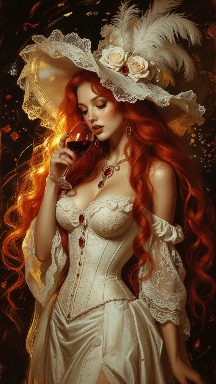 A breathtaking gothic-romantic portrait rendered in rich abstract expressionism, featuring a beautiful red-haired woman with long flowing copper-red curls cascading down her shoulders and back. She wears an exquisite ivory-white lace corset gown with