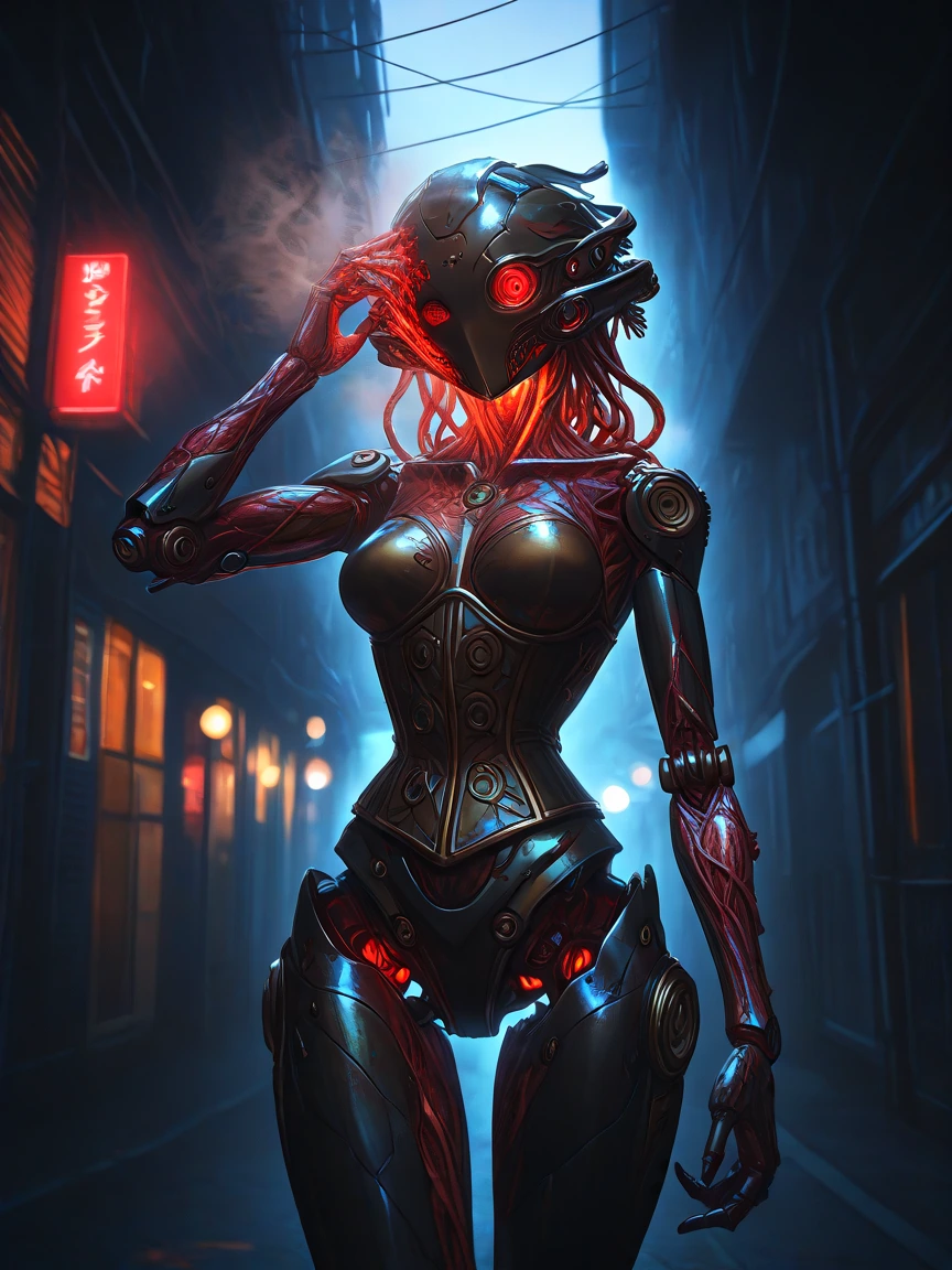 A hyper‑real female humanoid hybrid stands in a neon‑soaked alley at night, her body a seamless fusion of living machinery and warm fantasy brass. Ultra‑detailed textures: flexible mechanical skin with pores, brass musculature that moves like real mu