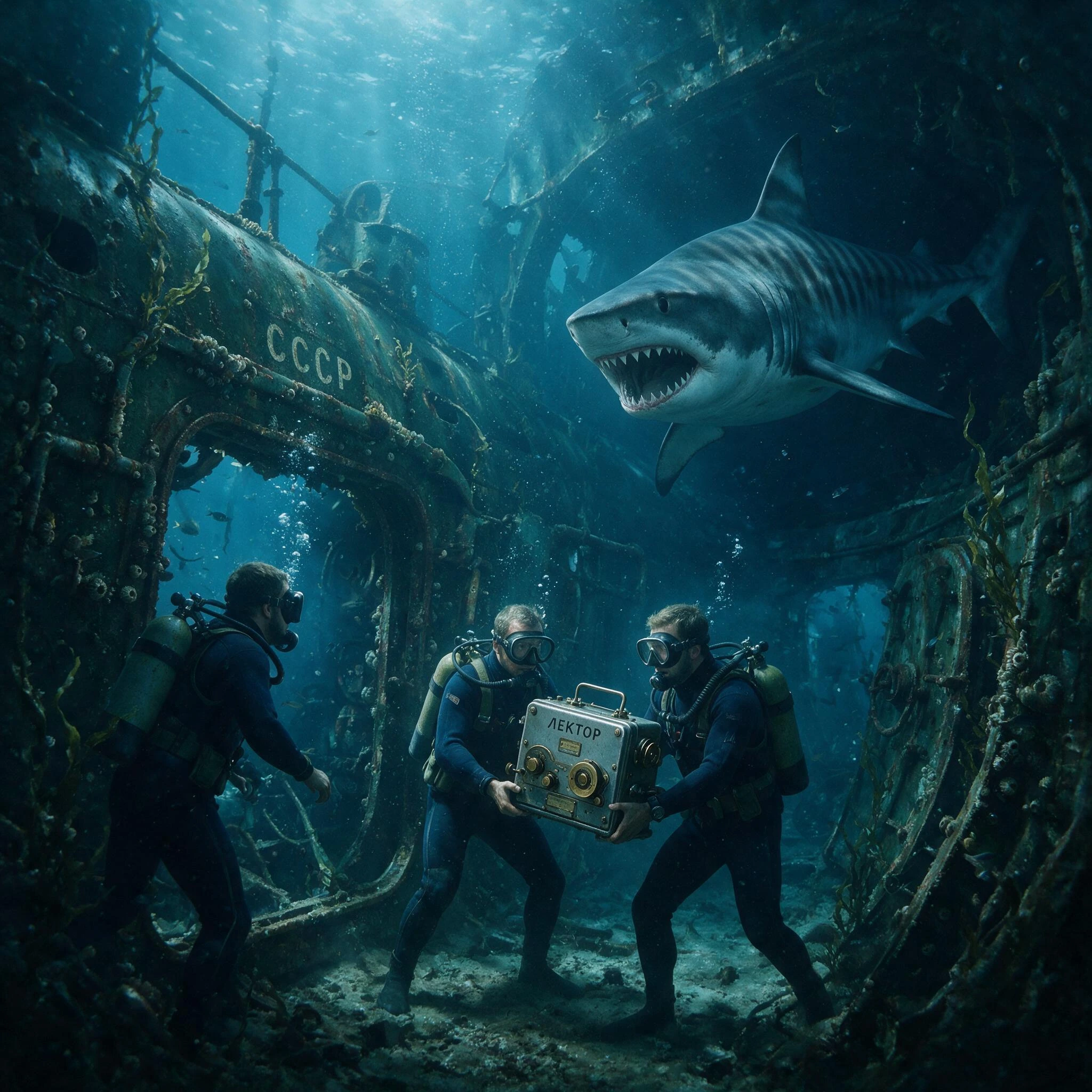 Tiger Shark Depths; In the 1960's Abord a sunken USSR Submarine flooded with water a team of British Navy Divers recover a Lektor Decoding Machine. But A Tiger Shark has other ideas stalking the depths of the submarine!