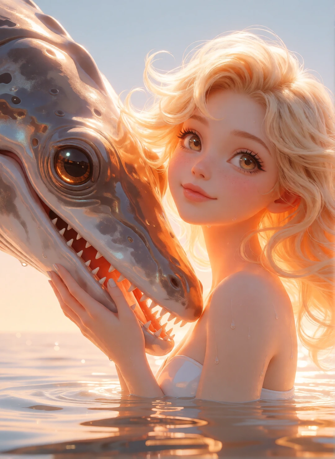 beautiful blonde woman in the morning light in the water with her huge pet Mosasaurus, in the style of high dynamic range, kawaii art, light orange an