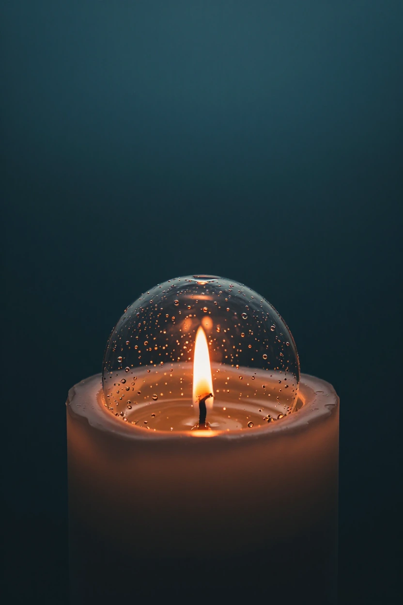 A single candle flame burning impossibly underwater, shot in macro close-up with crystalline clarity: the flame rendered in sharp detail—orange and yellow core, translucent edges—surrounded by a perfect sphere of air trapped around the wick by surfac