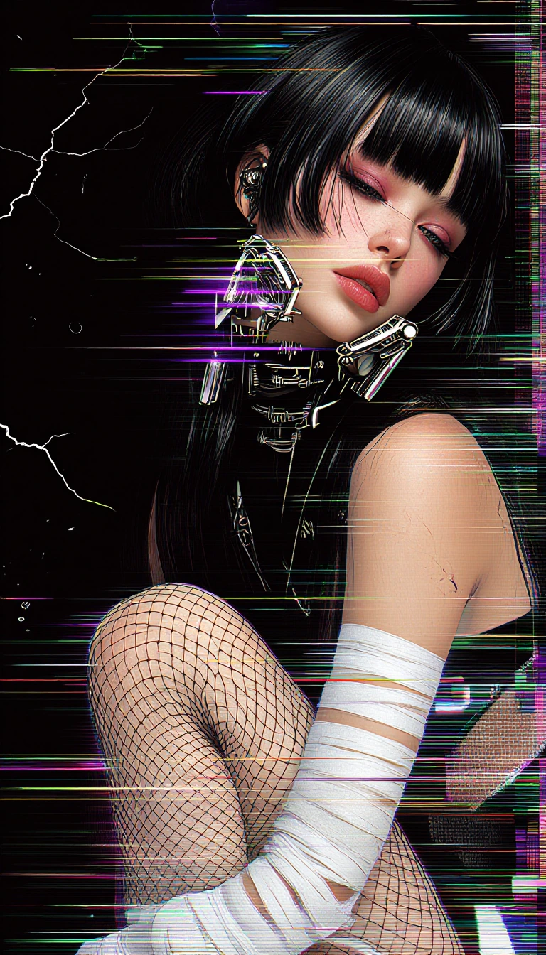 # Digital Cyberpunk Portrait A striking digital artwork depicts a pale-skinned figure with voluminous black hair and blunt bangs, eyes downcast with pink eyeshadow. Elaborate silver mechanical apparatus wraps around their mouth and neck like a cyborg