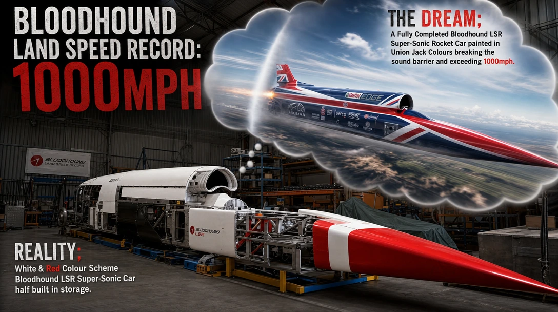 Double Exposure Image: Main Title: Bloodhound Land Speed Record: 1000mph Title: Reality; White & Red Colour Scheme Bloodhound LSR Super-Sonic Car half built in storage. (This part of the Image is photorealistic and absolutely crystal clear as it is t